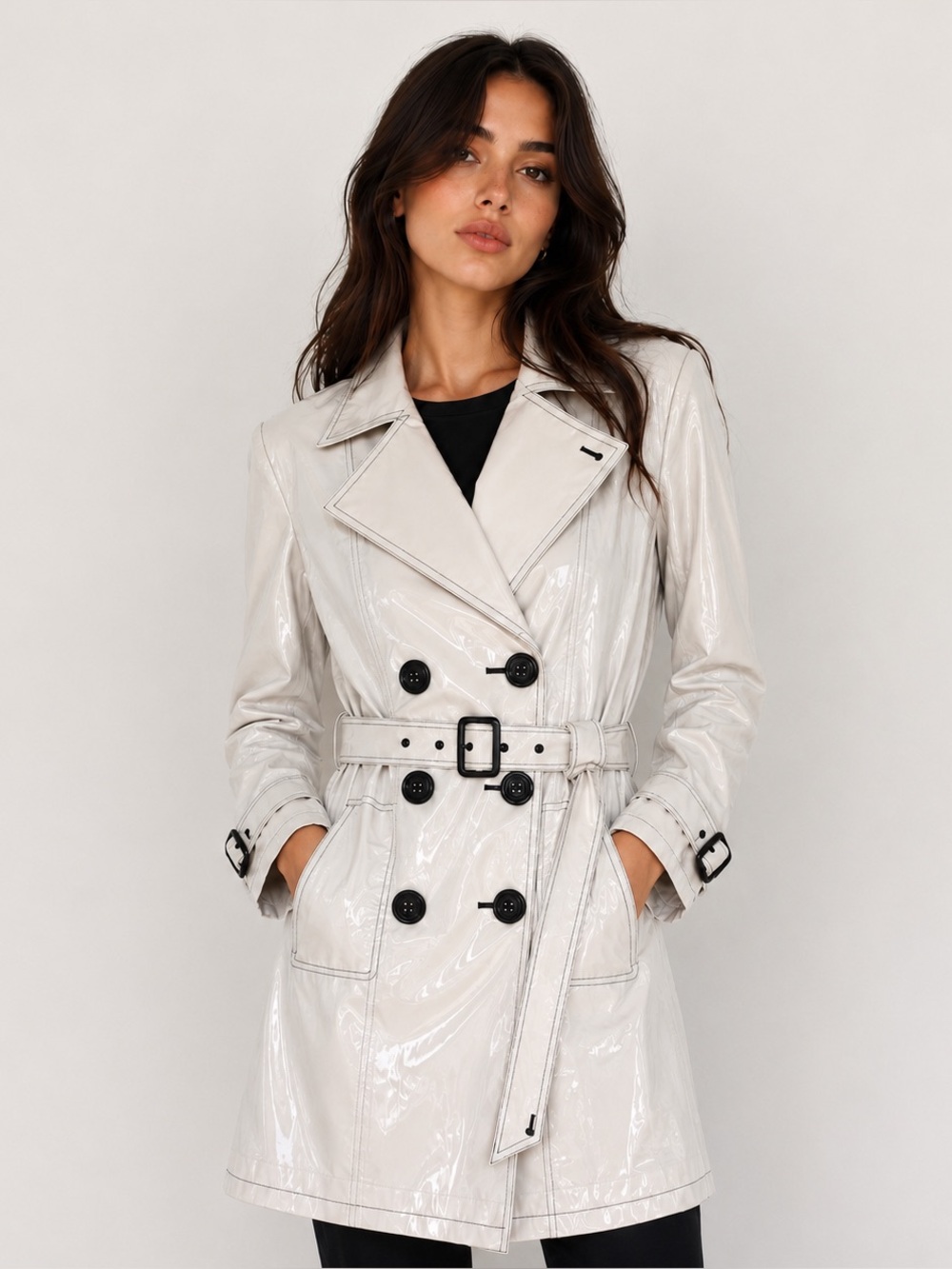Vtg Y2K is Newport News Patent Leather Double-Breasted Trench Coat - White